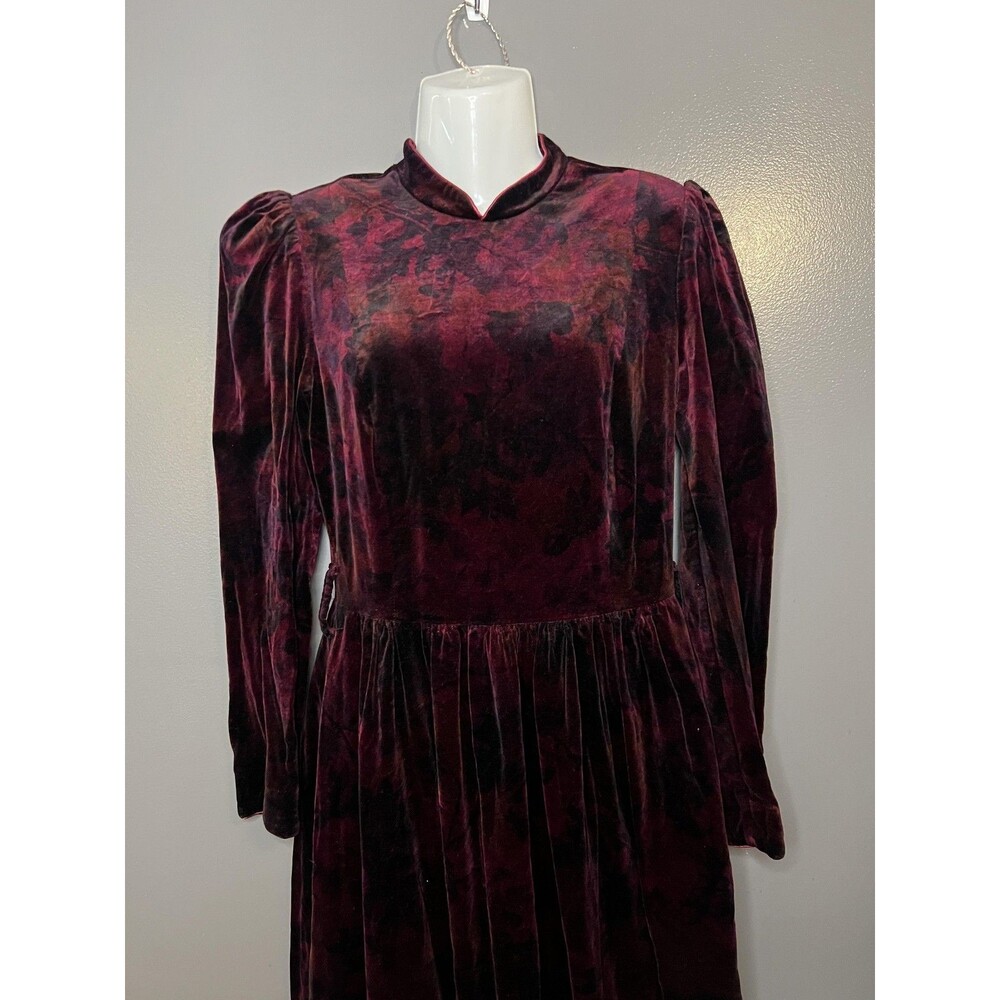 Vintage Origin Dress Womens 12 Red Floral Velvet Mock Neck Puff Sleeve Maxi